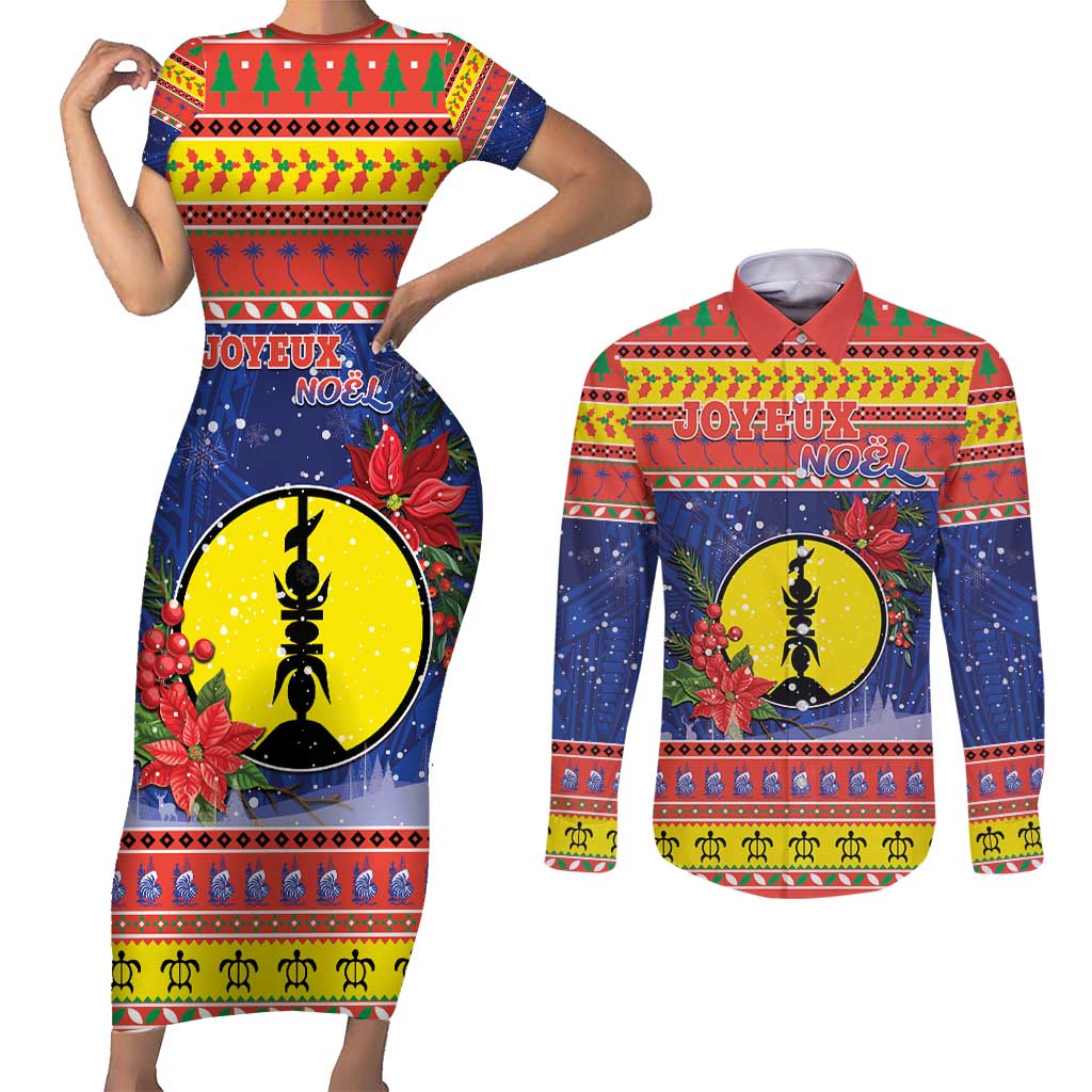 New Caledonia Christmas Couples Matching Short Sleeve Bodycon Dress and Long Sleeve Button Shirt Kanaky Poinsettia Joyeux Noel LT05 Red - Polynesian Pride