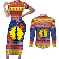 New Caledonia Christmas Couples Matching Short Sleeve Bodycon Dress and Long Sleeve Button Shirt Kanaky Poinsettia Joyeux Noel LT05 Red - Polynesian Pride