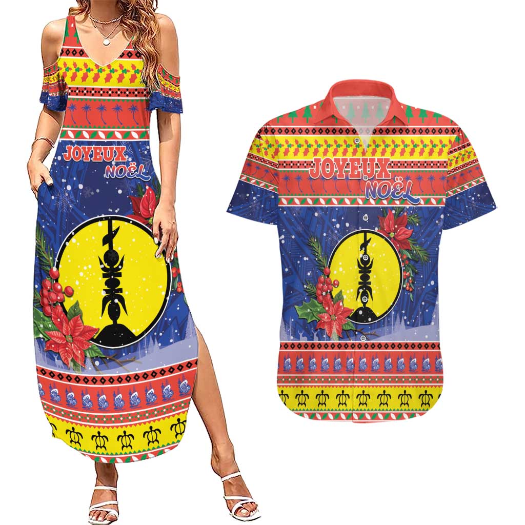 New Caledonia Christmas Couples Matching Summer Maxi Dress and Hawaiian Shirt Kanaky Poinsettia Joyeux Noel LT05 Red - Polynesian Pride