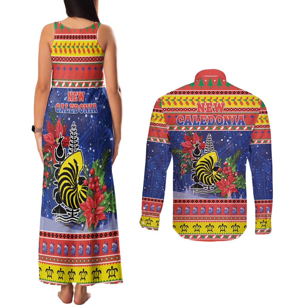 New Caledonia Christmas Couples Matching Tank Maxi Dress and Long Sleeve Button Shirt Kanaky Poinsettia Joyeux Noel LT05 - Polynesian Pride