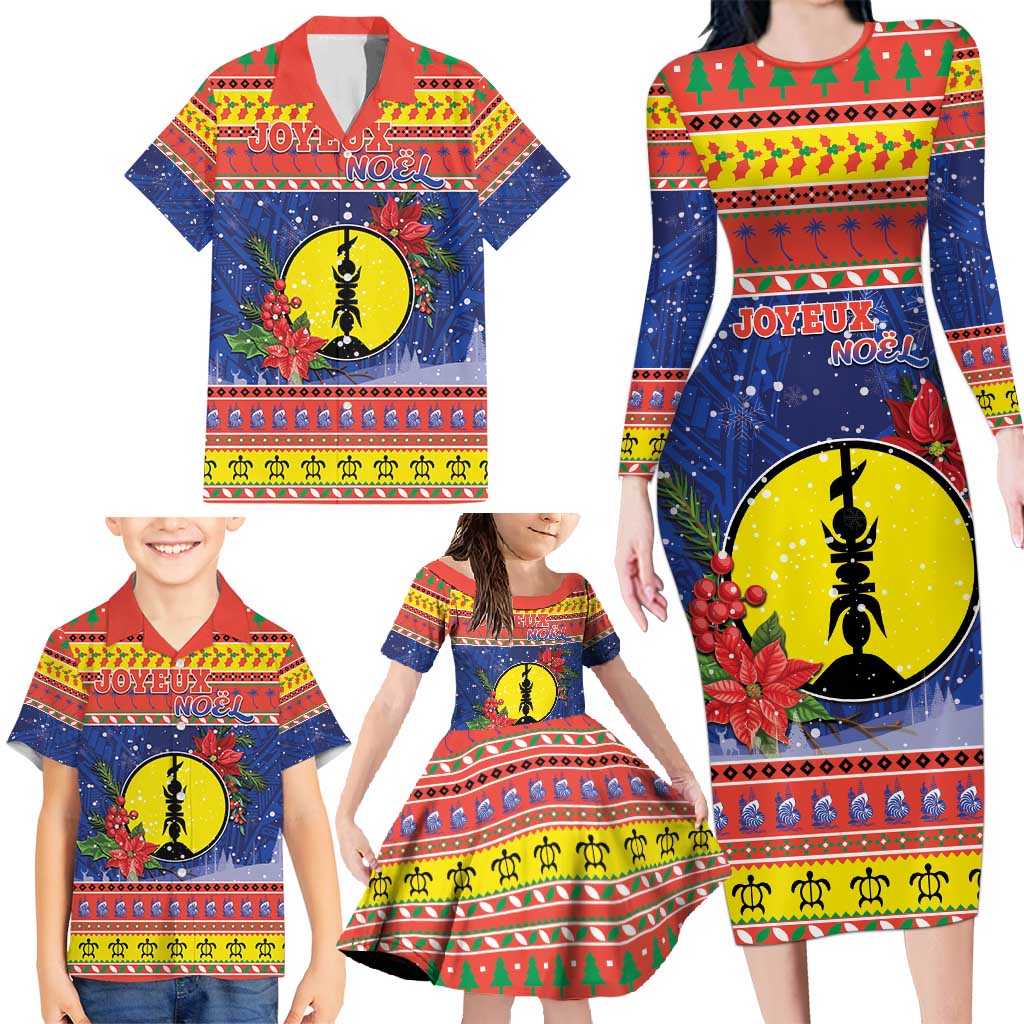New Caledonia Christmas Family Matching Long Sleeve Bodycon Dress and Hawaiian Shirt Kanaky Poinsettia Joyeux Noel LT05 - Polynesian Pride