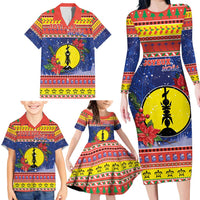 New Caledonia Christmas Family Matching Long Sleeve Bodycon Dress and Hawaiian Shirt Kanaky Poinsettia Joyeux Noel LT05 - Polynesian Pride