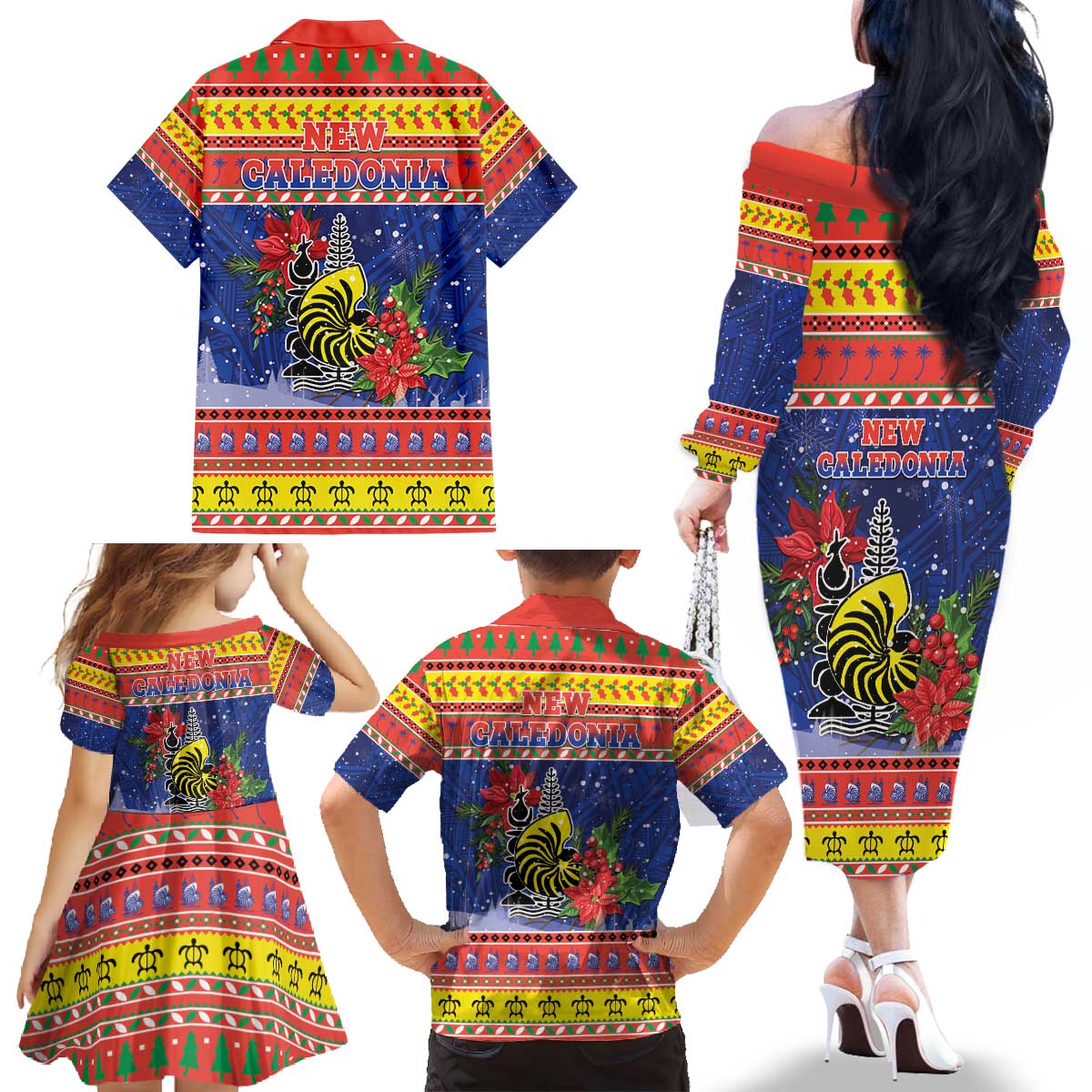 New Caledonia Christmas Family Matching Off The Shoulder Long Sleeve Dress and Hawaiian Shirt Kanaky Poinsettia Joyeux Noel LT05 - Polynesian Pride