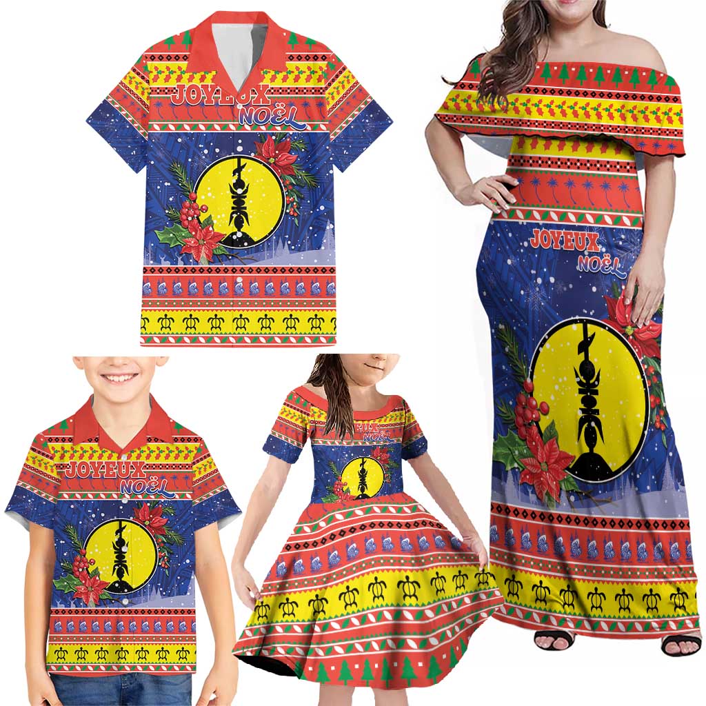 New Caledonia Christmas Family Matching Off Shoulder Maxi Dress and Hawaiian Shirt Kanaky Poinsettia Joyeux Noel LT05 - Polynesian Pride