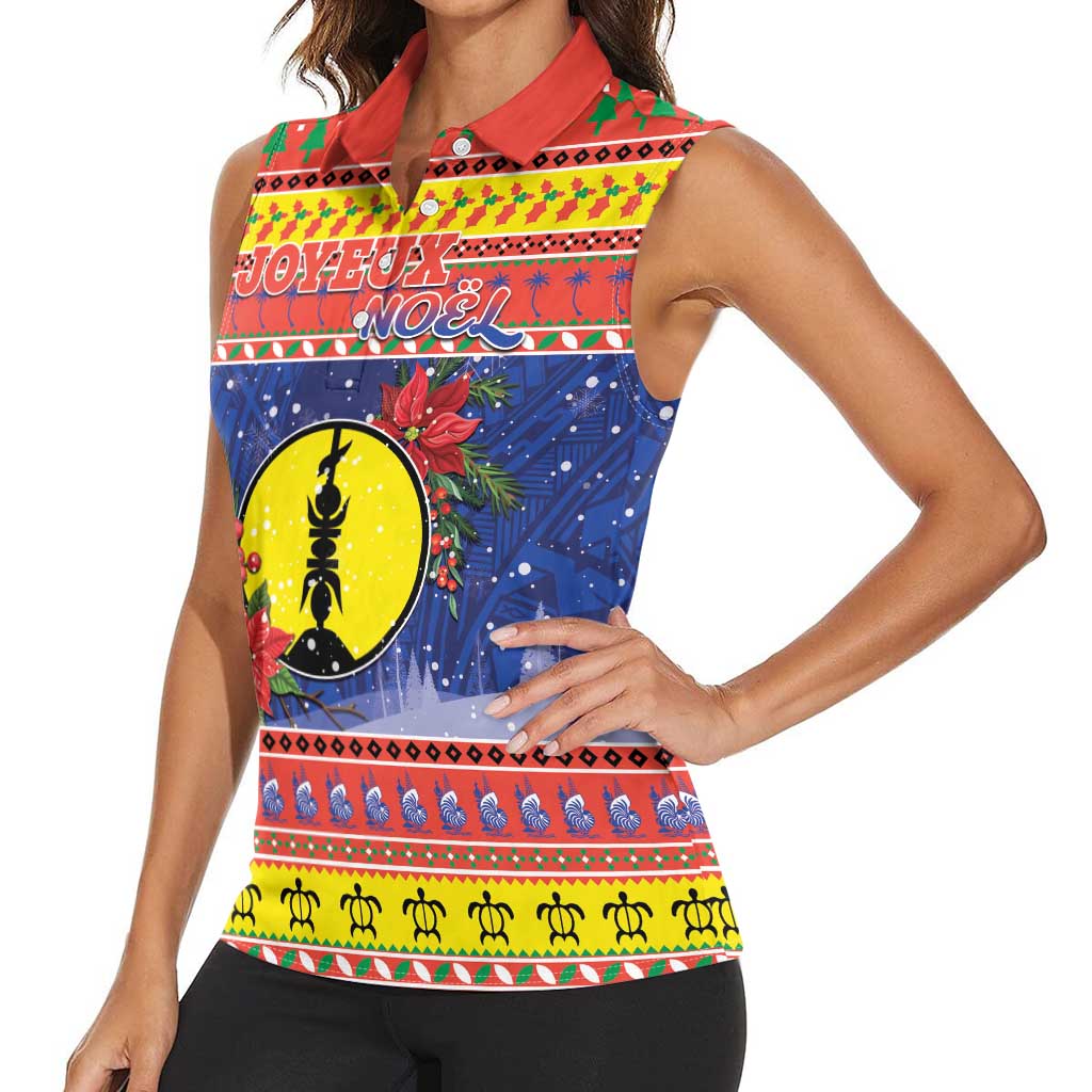New Caledonia Christmas Women Sleeveless Polo Shirt Kanaky Poinsettia Joyeux Noel