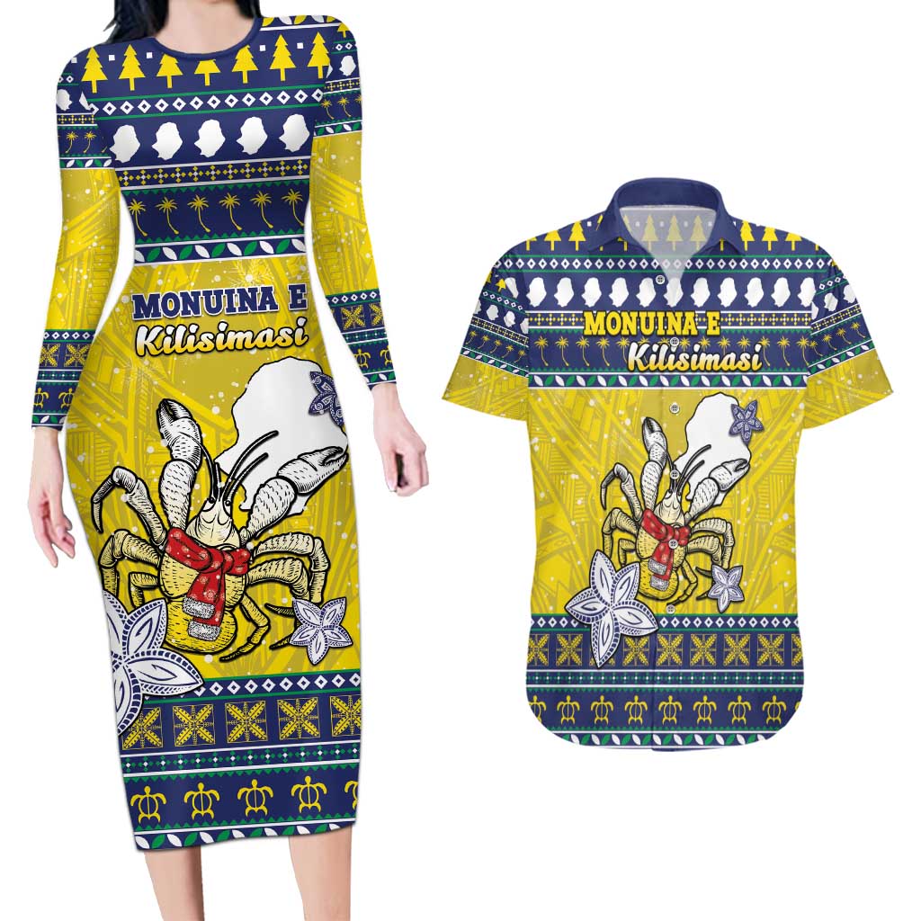 Niue The Rock Christmas Couples Matching Long Sleeve Bodycon Dress and Hawaiian Shirt Niuean Crab Monuina E Kilisimasi LT05 Blue - Polynesian Pride