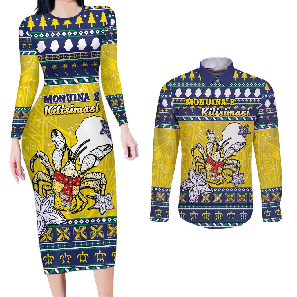 Niue The Rock Christmas Couples Matching Long Sleeve Bodycon Dress and Long Sleeve Button Shirt Niuean Crab Monuina E Kilisimasi LT05 Blue - Polynesian Pride
