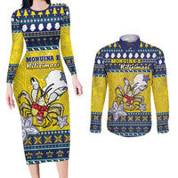 Niue The Rock Christmas Couples Matching Long Sleeve Bodycon Dress and Long Sleeve Button Shirt Niuean Crab Monuina E Kilisimasi LT05 Blue - Polynesian Pride