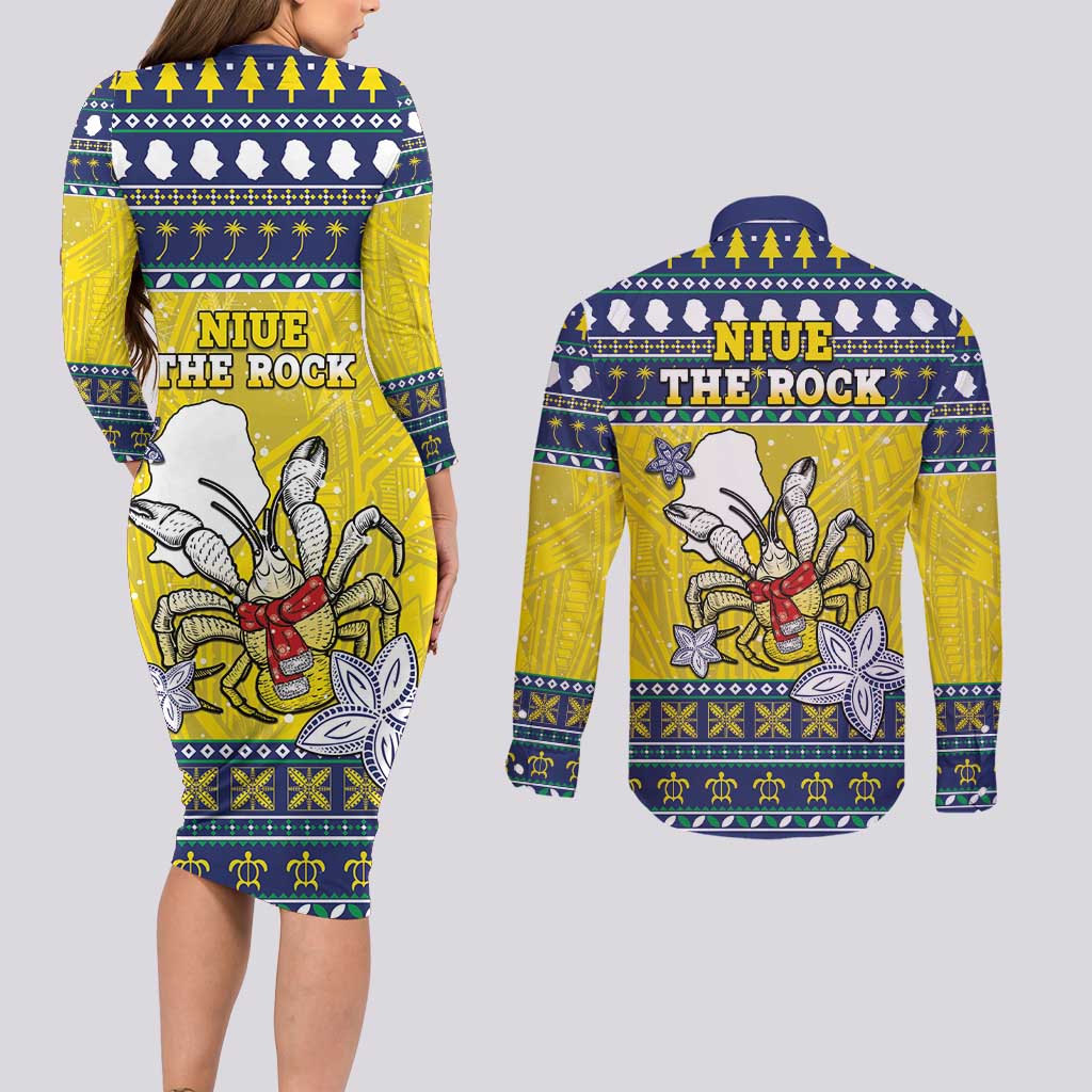 Niue The Rock Christmas Couples Matching Long Sleeve Bodycon Dress and Long Sleeve Button Shirt Niuean Crab Monuina E Kilisimasi LT05 - Polynesian Pride