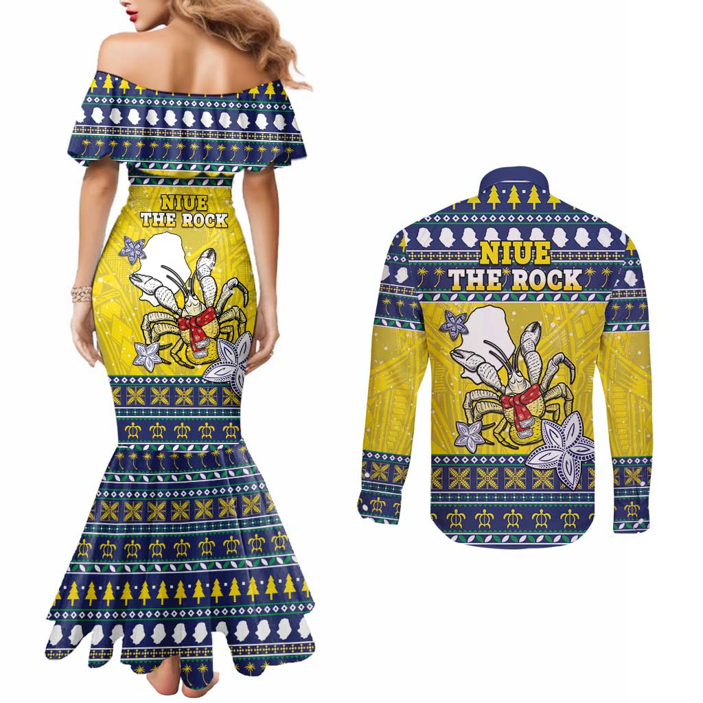 Niue The Rock Christmas Couples Matching Mermaid Dress and Long Sleeve Button Shirt Niuean Crab Monuina E Kilisimasi LT05 - Polynesian Pride