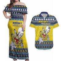 Niue The Rock Christmas Couples Matching Off Shoulder Maxi Dress and Hawaiian Shirt Niuean Crab Monuina E Kilisimasi LT05 Blue - Polynesian Pride