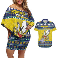 Niue The Rock Christmas Couples Matching Off Shoulder Short Dress and Hawaiian Shirt Niuean Crab Monuina E Kilisimasi LT05 Blue - Polynesian Pride