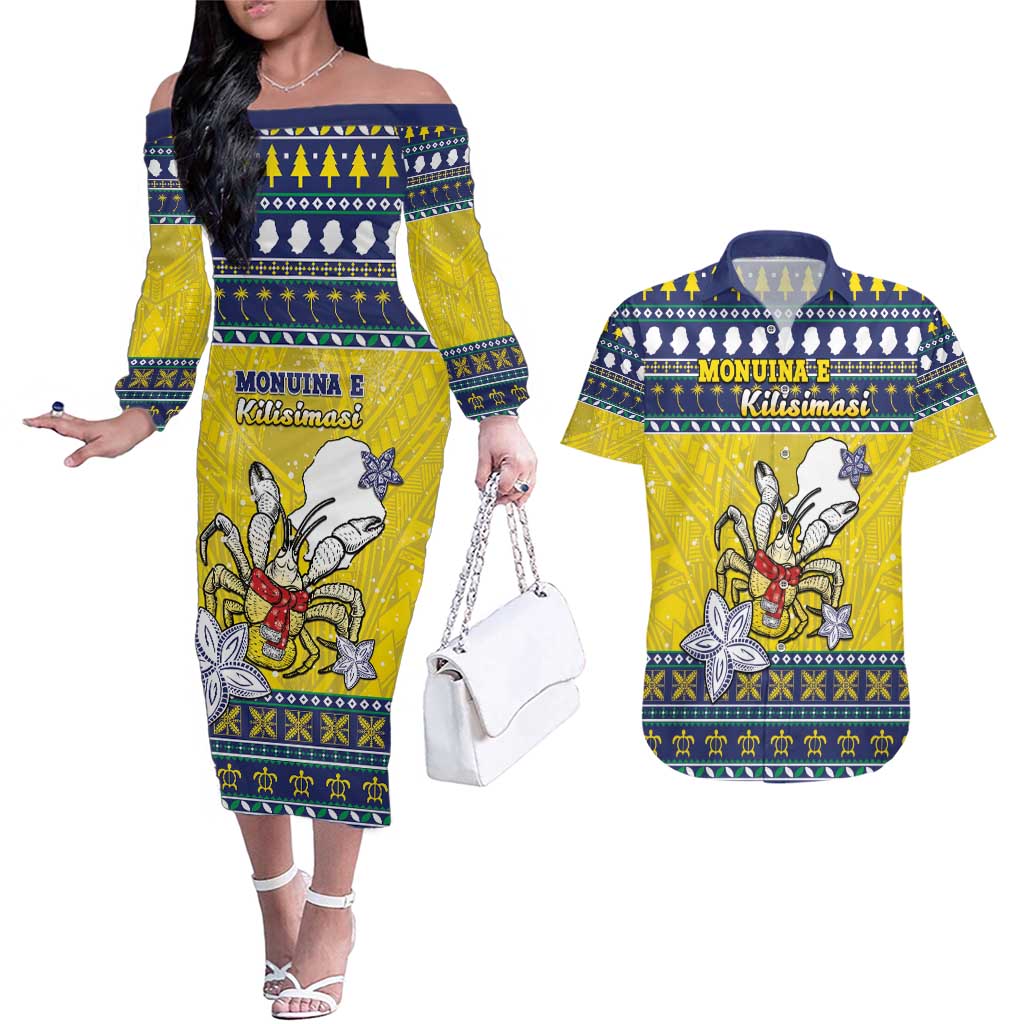 Niue The Rock Christmas Couples Matching Off The Shoulder Long Sleeve Dress and Hawaiian Shirt Niuean Crab Monuina E Kilisimasi LT05 Blue - Polynesian Pride