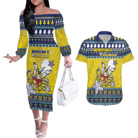 Niue The Rock Christmas Couples Matching Off The Shoulder Long Sleeve Dress and Hawaiian Shirt Niuean Crab Monuina E Kilisimasi LT05 Blue - Polynesian Pride