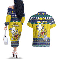 Niue The Rock Christmas Couples Matching Off The Shoulder Long Sleeve Dress and Hawaiian Shirt Niuean Crab Monuina E Kilisimasi LT05 - Polynesian Pride