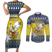 Niue The Rock Christmas Couples Matching Short Sleeve Bodycon Dress and Long Sleeve Button Shirt Niuean Crab Monuina E Kilisimasi LT05 Blue - Polynesian Pride