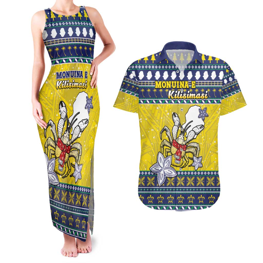 Niue The Rock Christmas Couples Matching Tank Maxi Dress and Hawaiian Shirt Niuean Crab Monuina E Kilisimasi LT05 Blue - Polynesian Pride