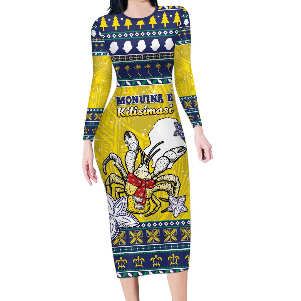 Niue The Rock Christmas Family Matching Long Sleeve Bodycon Dress and Hawaiian Shirt Niuean Crab Monuina E Kilisimasi LT05 Mom's Dress Blue - Polynesian Pride