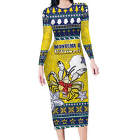 Niue The Rock Christmas Family Matching Long Sleeve Bodycon Dress and Hawaiian Shirt Niuean Crab Monuina E Kilisimasi LT05 Mom's Dress Blue - Polynesian Pride
