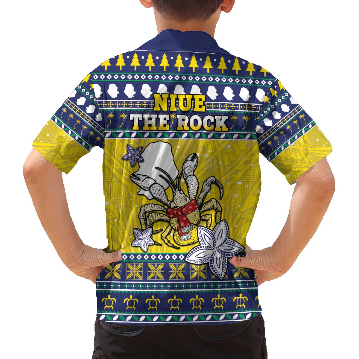 Niue The Rock Christmas Family Matching Off The Shoulder Long Sleeve Dress and Hawaiian Shirt Niuean Crab Monuina E Kilisimasi LT05 - Polynesian Pride