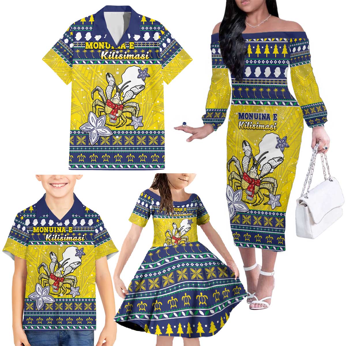 Niue The Rock Christmas Family Matching Off The Shoulder Long Sleeve Dress and Hawaiian Shirt Niuean Crab Monuina E Kilisimasi LT05 - Polynesian Pride