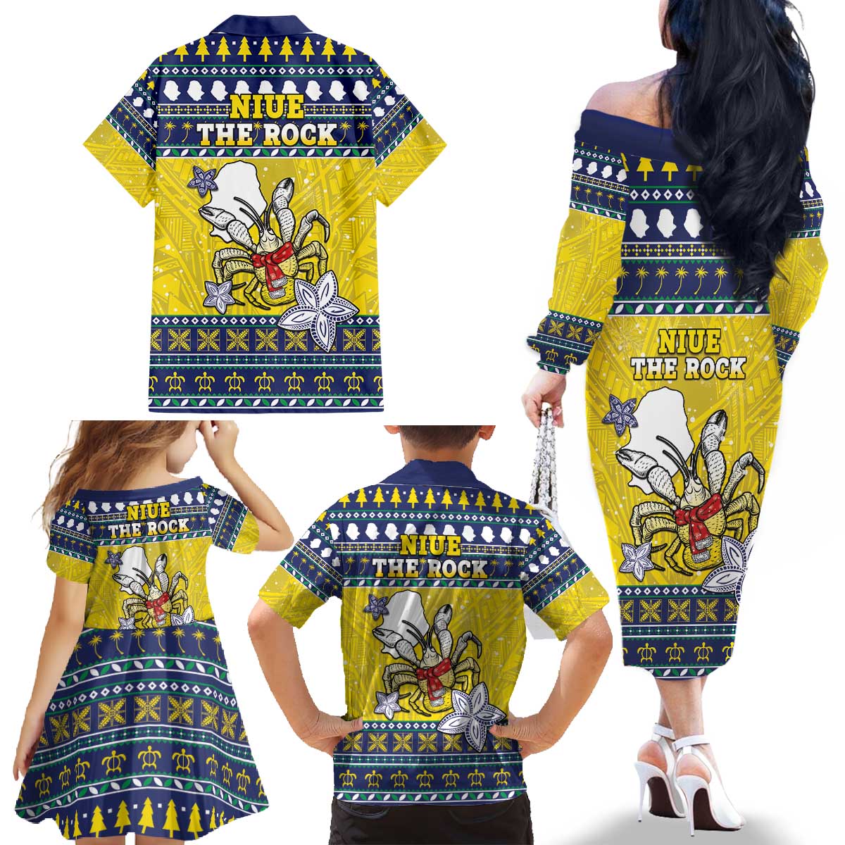 Niue The Rock Christmas Family Matching Off The Shoulder Long Sleeve Dress and Hawaiian Shirt Niuean Crab Monuina E Kilisimasi LT05 - Polynesian Pride
