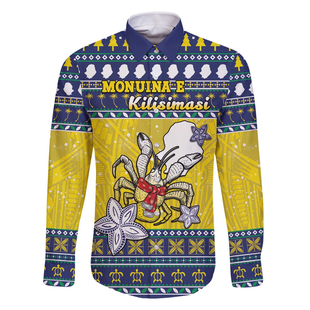 Niue The Rock Christmas Family Matching Off The Shoulder Long Sleeve Dress and Hawaiian Shirt Niuean Crab Monuina E Kilisimasi LT05 Dad's Shirt - Long Sleeve Blue - Polynesian Pride