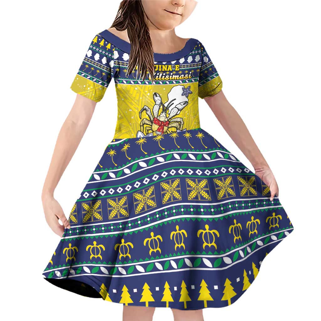 Niue The Rock Christmas Family Matching Off Shoulder Short Dress and Hawaiian Shirt Niuean Crab Monuina E Kilisimasi LT05 Daughter's Dress Blue - Polynesian Pride