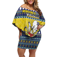 Niue The Rock Christmas Family Matching Off Shoulder Short Dress and Hawaiian Shirt Niuean Crab Monuina E Kilisimasi LT05 Mom's Dress Blue - Polynesian Pride