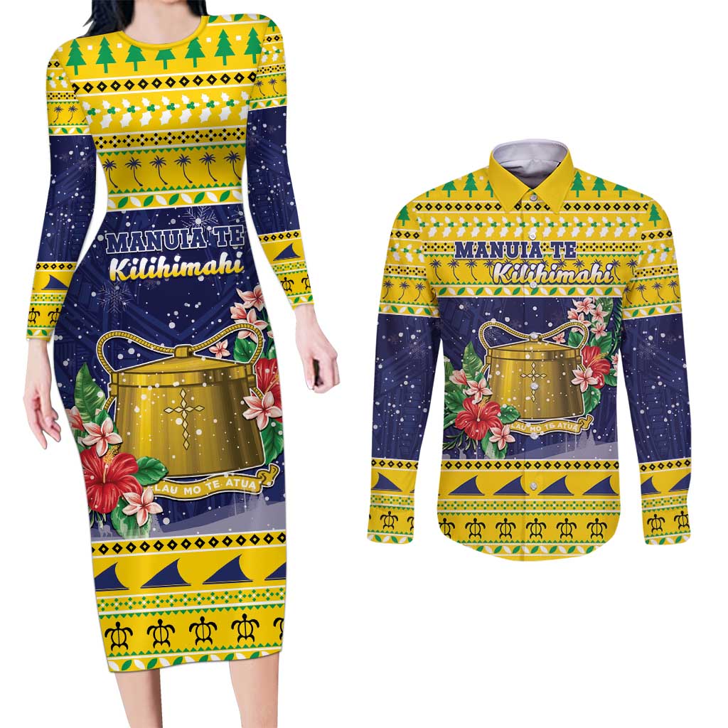 Tokelau Christmas Couples Matching Long Sleeve Bodycon Dress and Long Sleeve Button Shirt Tokelauan Badge Manuia Te Kilihimahi LT05 Yellow - Polynesian Pride