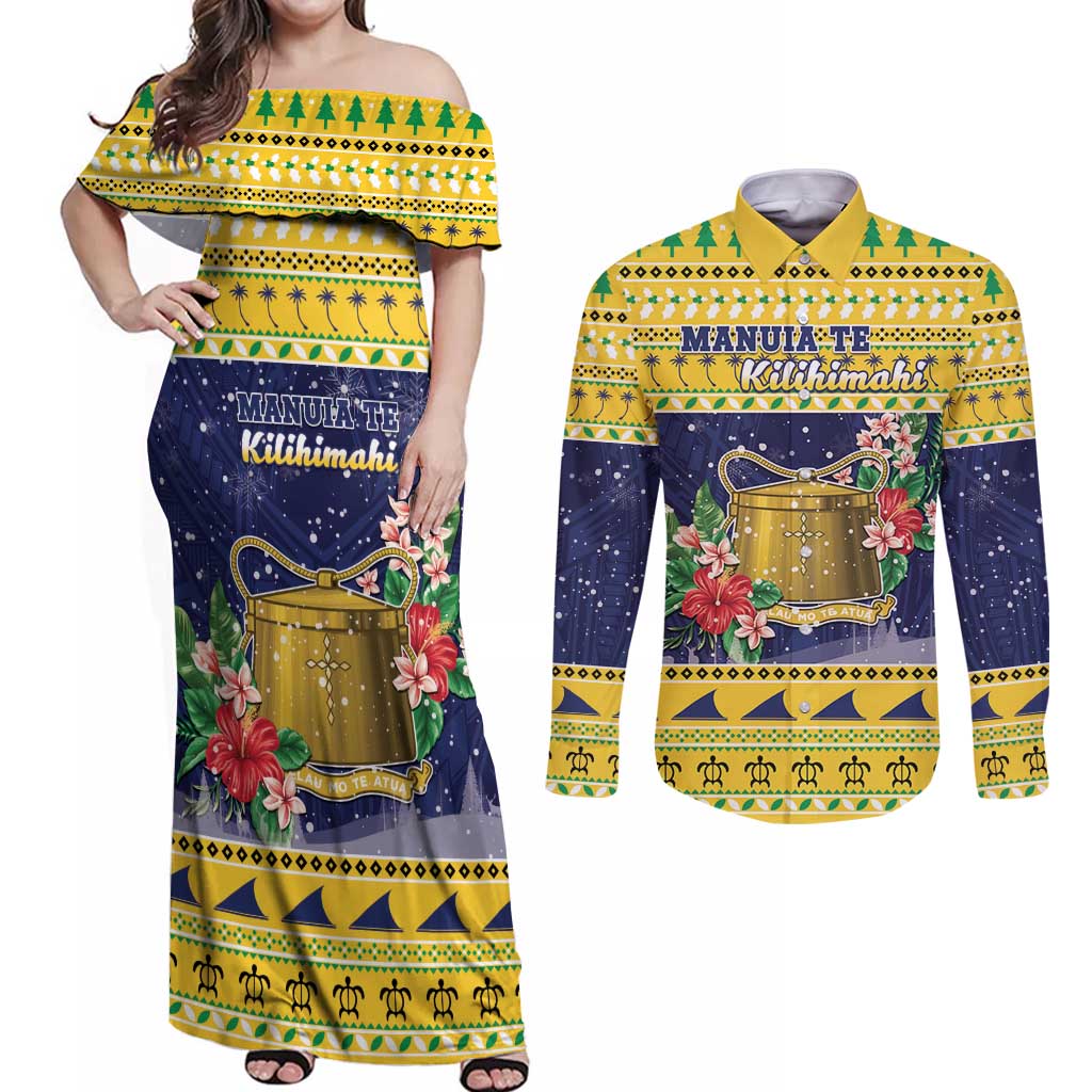 Tokelau Christmas Couples Matching Off Shoulder Maxi Dress and Long Sleeve Button Shirt Tokelauan Badge Manuia Te Kilihimahi LT05 Yellow - Polynesian Pride