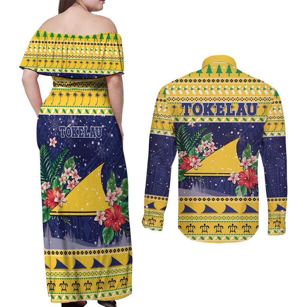 Tokelau Christmas Couples Matching Off Shoulder Maxi Dress and Long Sleeve Button Shirt Tokelauan Badge Manuia Te Kilihimahi LT05 - Polynesian Pride