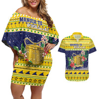 Tokelau Christmas Couples Matching Off Shoulder Short Dress and Hawaiian Shirt Tokelauan Badge Manuia Te Kilihimahi LT05 Yellow - Polynesian Pride