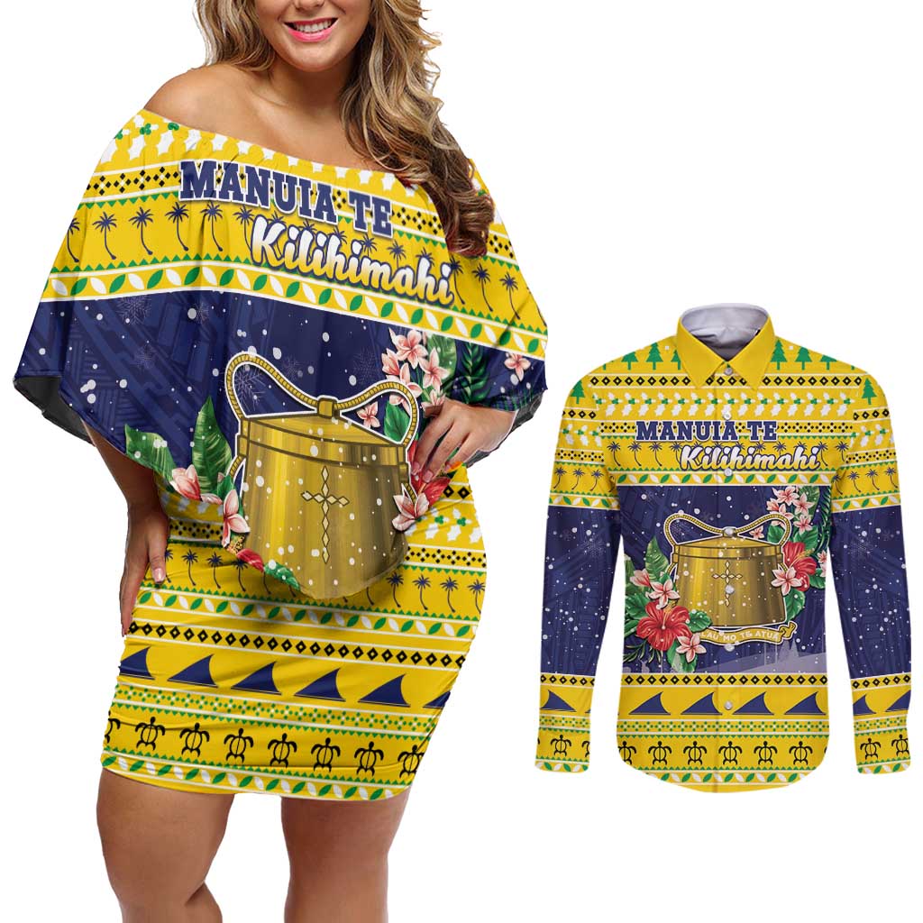 Tokelau Christmas Couples Matching Off Shoulder Short Dress and Long Sleeve Button Shirt Tokelauan Badge Manuia Te Kilihimahi LT05 Yellow - Polynesian Pride