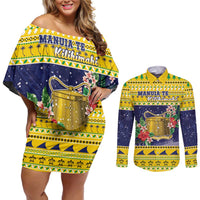 Tokelau Christmas Couples Matching Off Shoulder Short Dress and Long Sleeve Button Shirt Tokelauan Badge Manuia Te Kilihimahi LT05 Yellow - Polynesian Pride
