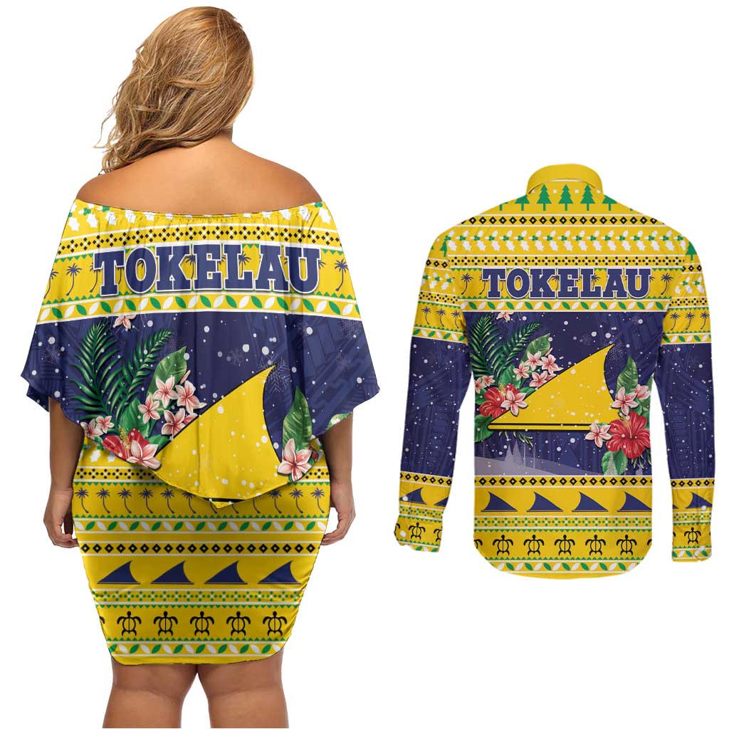 Tokelau Christmas Couples Matching Off Shoulder Short Dress and Long Sleeve Button Shirt Tokelauan Badge Manuia Te Kilihimahi LT05 - Polynesian Pride