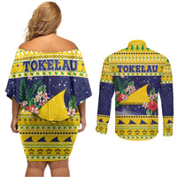 Tokelau Christmas Couples Matching Off Shoulder Short Dress and Long Sleeve Button Shirt Tokelauan Badge Manuia Te Kilihimahi LT05 - Polynesian Pride