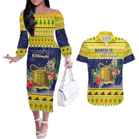 Tokelau Christmas Couples Matching Off The Shoulder Long Sleeve Dress and Hawaiian Shirt Tokelauan Badge Manuia Te Kilihimahi LT05 Yellow - Polynesian Pride