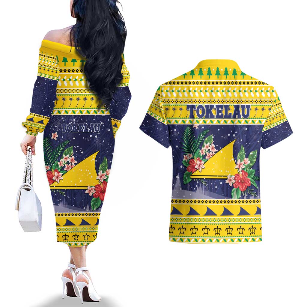Tokelau Christmas Couples Matching Off The Shoulder Long Sleeve Dress and Hawaiian Shirt Tokelauan Badge Manuia Te Kilihimahi LT05 - Polynesian Pride