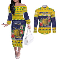 Tokelau Christmas Couples Matching Off The Shoulder Long Sleeve Dress and Long Sleeve Button Shirt Tokelauan Badge Manuia Te Kilihimahi LT05 Yellow - Polynesian Pride