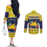 Tokelau Christmas Couples Matching Off The Shoulder Long Sleeve Dress and Long Sleeve Button Shirt Tokelauan Badge Manuia Te Kilihimahi LT05 - Polynesian Pride