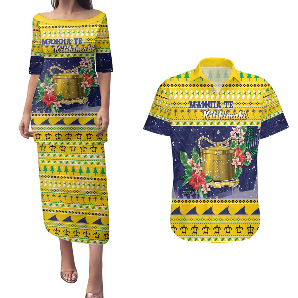 Tokelau Christmas Couples Matching Puletasi and Hawaiian Shirt Tokelauan Badge Manuia Te Kilihimahi LT05 Yellow - Polynesian Pride