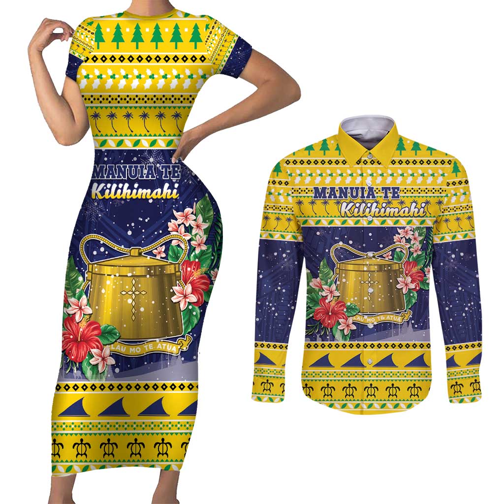 Tokelau Christmas Couples Matching Short Sleeve Bodycon Dress and Long Sleeve Button Shirt Tokelauan Badge Manuia Te Kilihimahi LT05 Yellow - Polynesian Pride