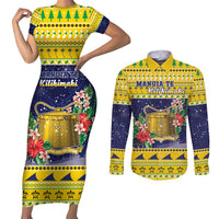 Tokelau Christmas Couples Matching Short Sleeve Bodycon Dress and Long Sleeve Button Shirt Tokelauan Badge Manuia Te Kilihimahi LT05 Yellow - Polynesian Pride
