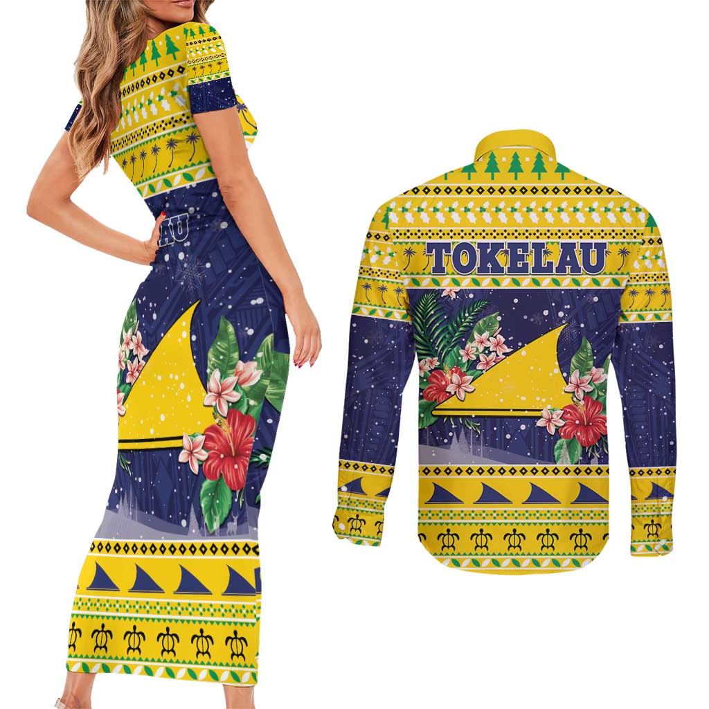 Tokelau Christmas Couples Matching Short Sleeve Bodycon Dress and Long Sleeve Button Shirt Tokelauan Badge Manuia Te Kilihimahi LT05 - Polynesian Pride