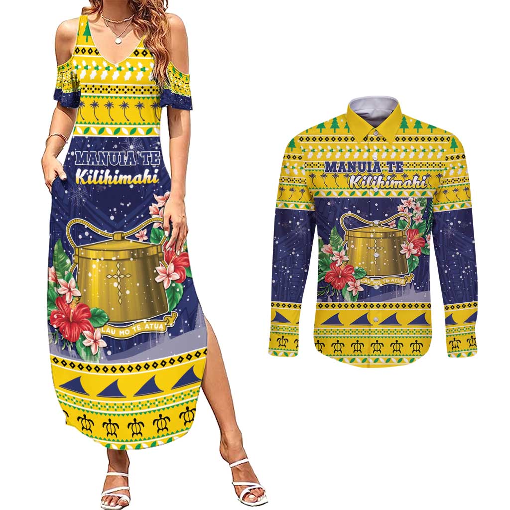 Tokelau Christmas Couples Matching Summer Maxi Dress and Long Sleeve Button Shirt Tokelauan Badge Manuia Te Kilihimahi LT05 Yellow - Polynesian Pride