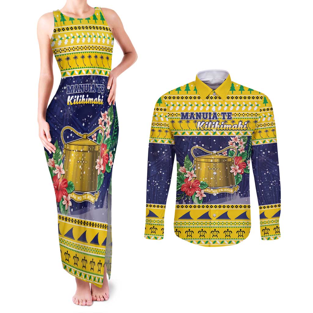 Tokelau Christmas Couples Matching Tank Maxi Dress and Long Sleeve Button Shirt Tokelauan Badge Manuia Te Kilihimahi LT05 Yellow - Polynesian Pride