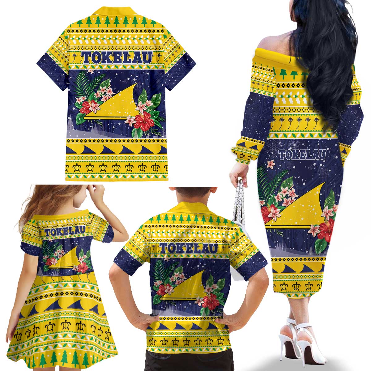 Tokelau Christmas Family Matching Off The Shoulder Long Sleeve Dress and Hawaiian Shirt Tokelauan Badge Manuia Te Kilihimahi LT05 - Polynesian Pride