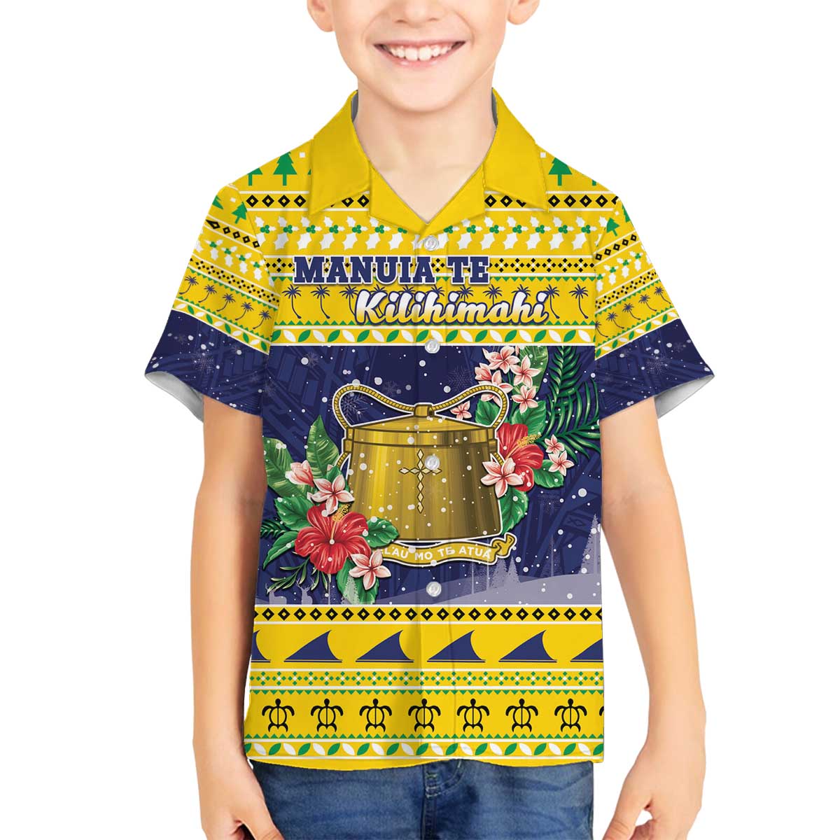 Tokelau Christmas Family Matching Off The Shoulder Long Sleeve Dress and Hawaiian Shirt Tokelauan Badge Manuia Te Kilihimahi LT05 Son's Shirt Yellow - Polynesian Pride