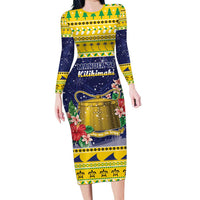 Tokelau Christmas Long Sleeve Bodycon Dress Tokelauan Badge Manuia Te Kilihimahi LT05 Long Dress Yellow - Polynesian Pride